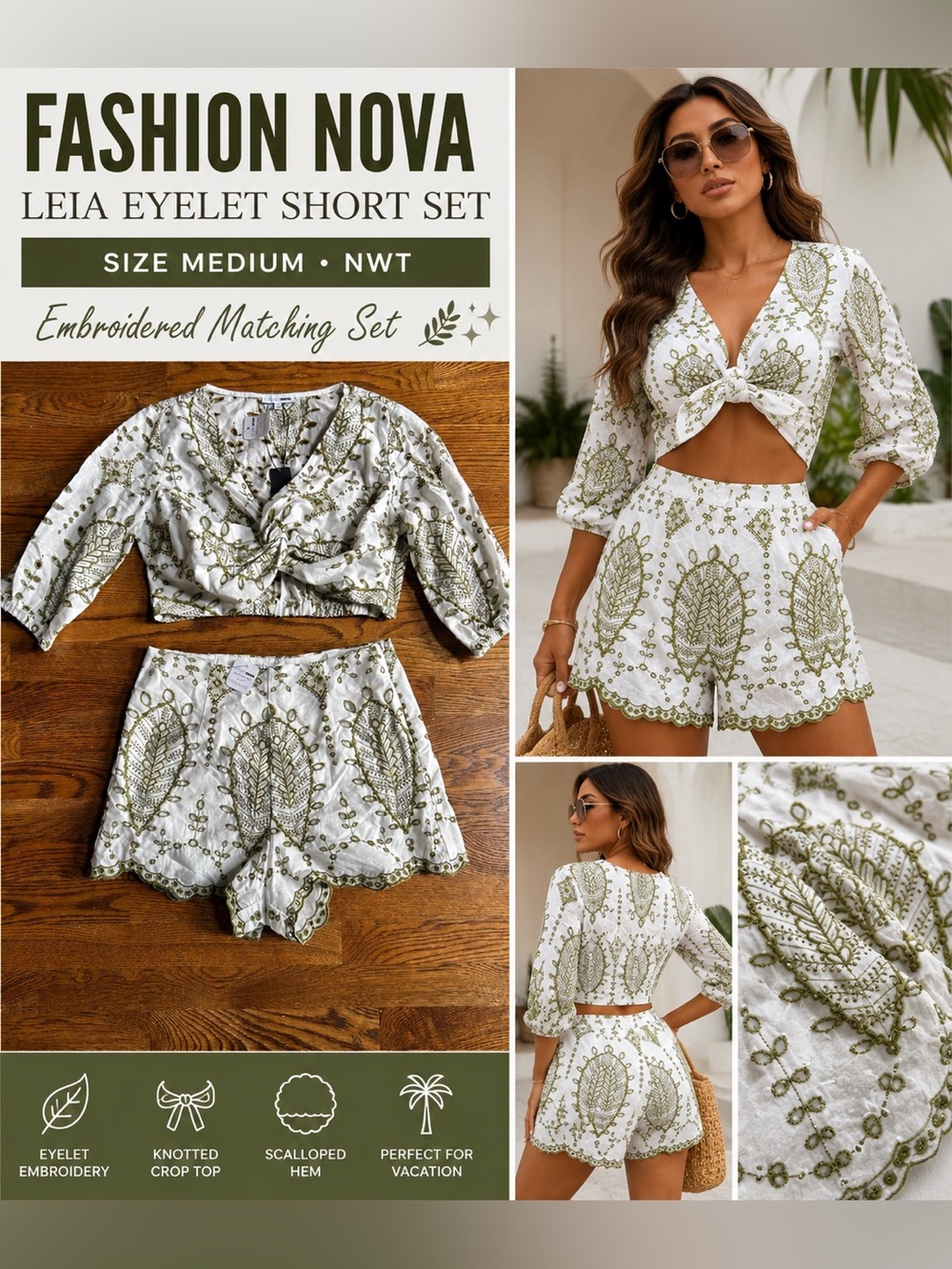 Fashion Nova Leia Eyelet Short Set Medium White & Olive Green Embroidered NWT